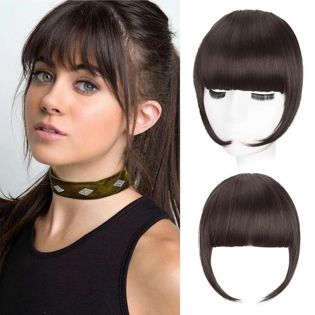 Synthetic French Bangs Hair Clip Medium Brown Fake Bangs Fringe with Temples Hairpieces for Women Natural Curved Hair Extensions