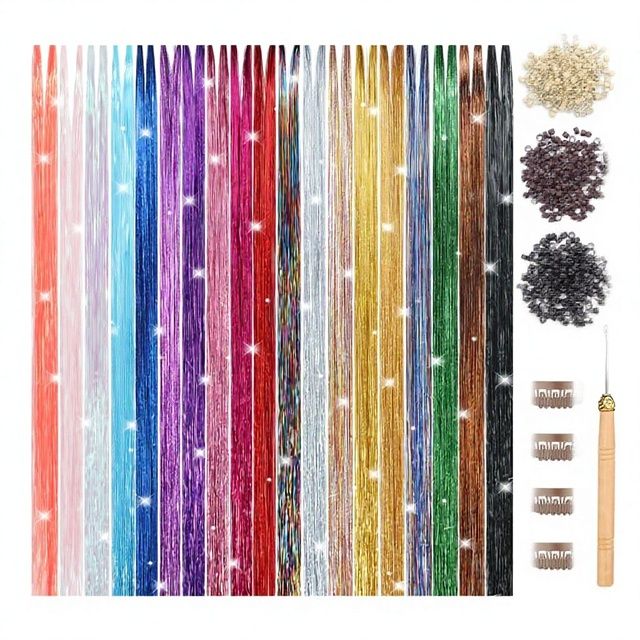 19.7 Inch Straight Clip in Hair Fairy Tinsel Kit Clips on Glitter Hair Tinsel Extensions 12 Colors