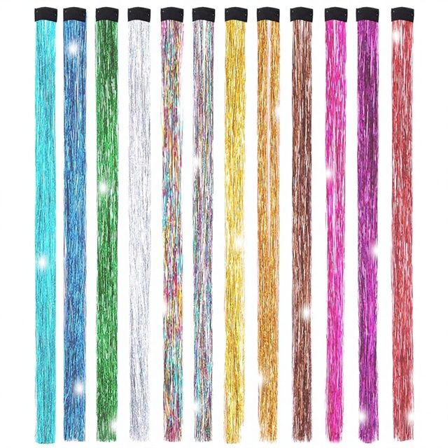 Hair Tinsel Kit (20 Colors 4400 Strands 48 Inches) Sparking Polyester Fiber Bulk Extensions Heat Resistant Glitter Tools Hair