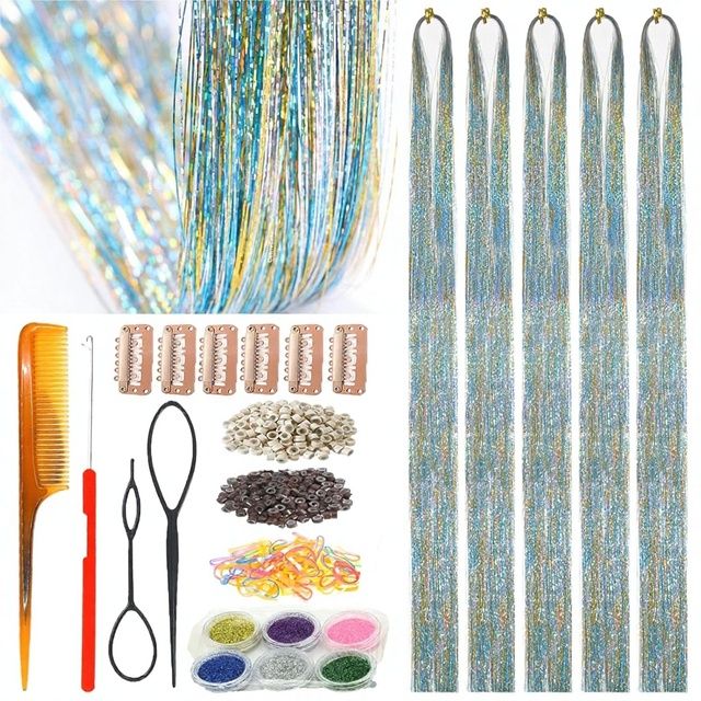 Gold Synthetic Straight Hair Tinsel 12Pcs Clip Packs 20.5 Inch Heat Resistant Women Girls Glitter Extensions for Christmas
