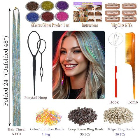 Gold Synthetic Straight Hair Tinsel 12Pcs Clip Packs 20.5 In view 2