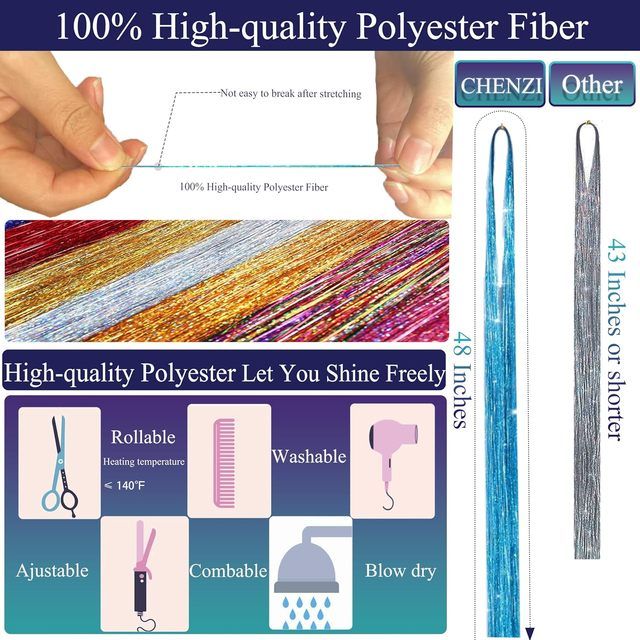 Clip-in Polyester Fiber Hair Tinsel 12 Pcs 20 Inch Colorful Glitter Extensions for Women Girls Kids Party Dazzle Accessories