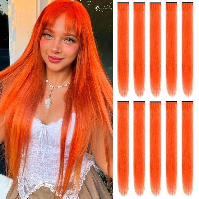 10 PCS Red Clip-in Hair Extensions 22 Inch Colored Long Straight Synthetic Hairpieces for Women Kids Girls Cosplay Party