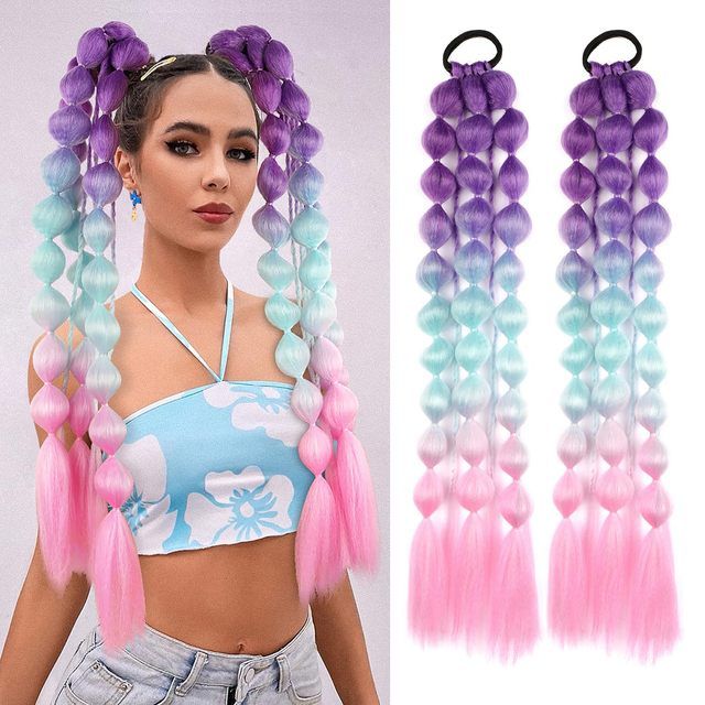 26 Inch Hair Tinsel Colored Braided Ponytail Extension Blue Pink Gradient Hair Extensions Ponytail with Elastic