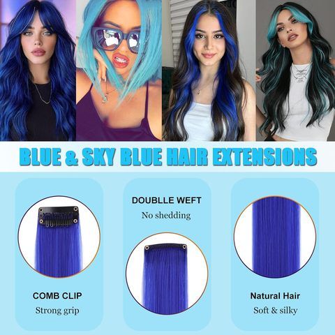 12 Pcs Blue+Sky Blue Clip-In 22 Inch Straight Synthetic Hair view 3