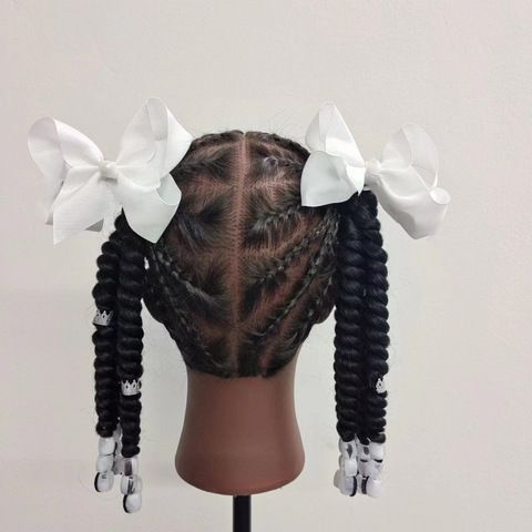 Kids Braided Hair Extensions with Bow & Beads, Springy C view 3