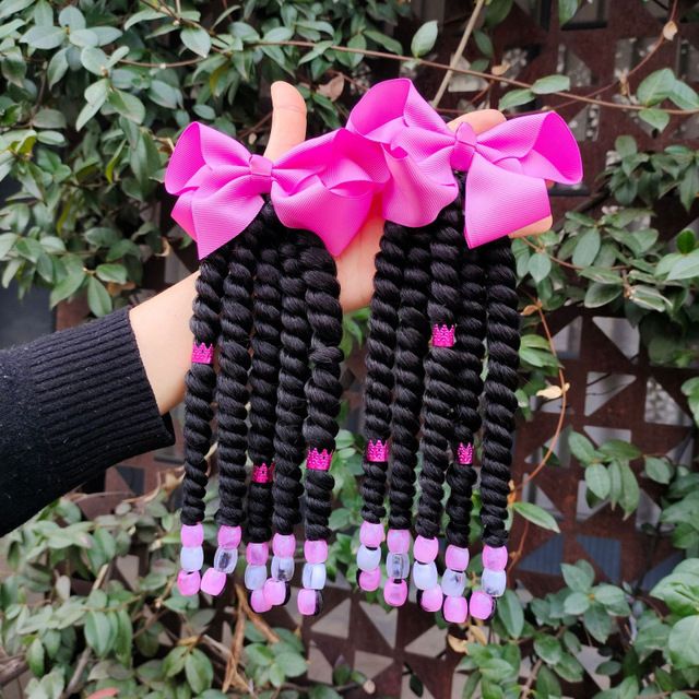Custom Kids Beaded Ponytail, 6 Inch Two-Strand Twists Braided Ponytail, Custom Braids with Beads, Protective Style