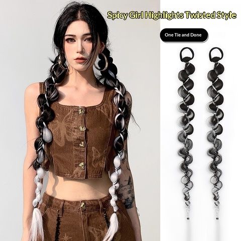 Wig Ponytail Long Braid Black Gray Highlights Bubble Style S view 2