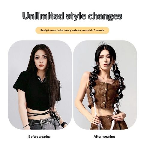 Wig Ponytail Long Braid Black Gray Highlights Bubble Style S view 4